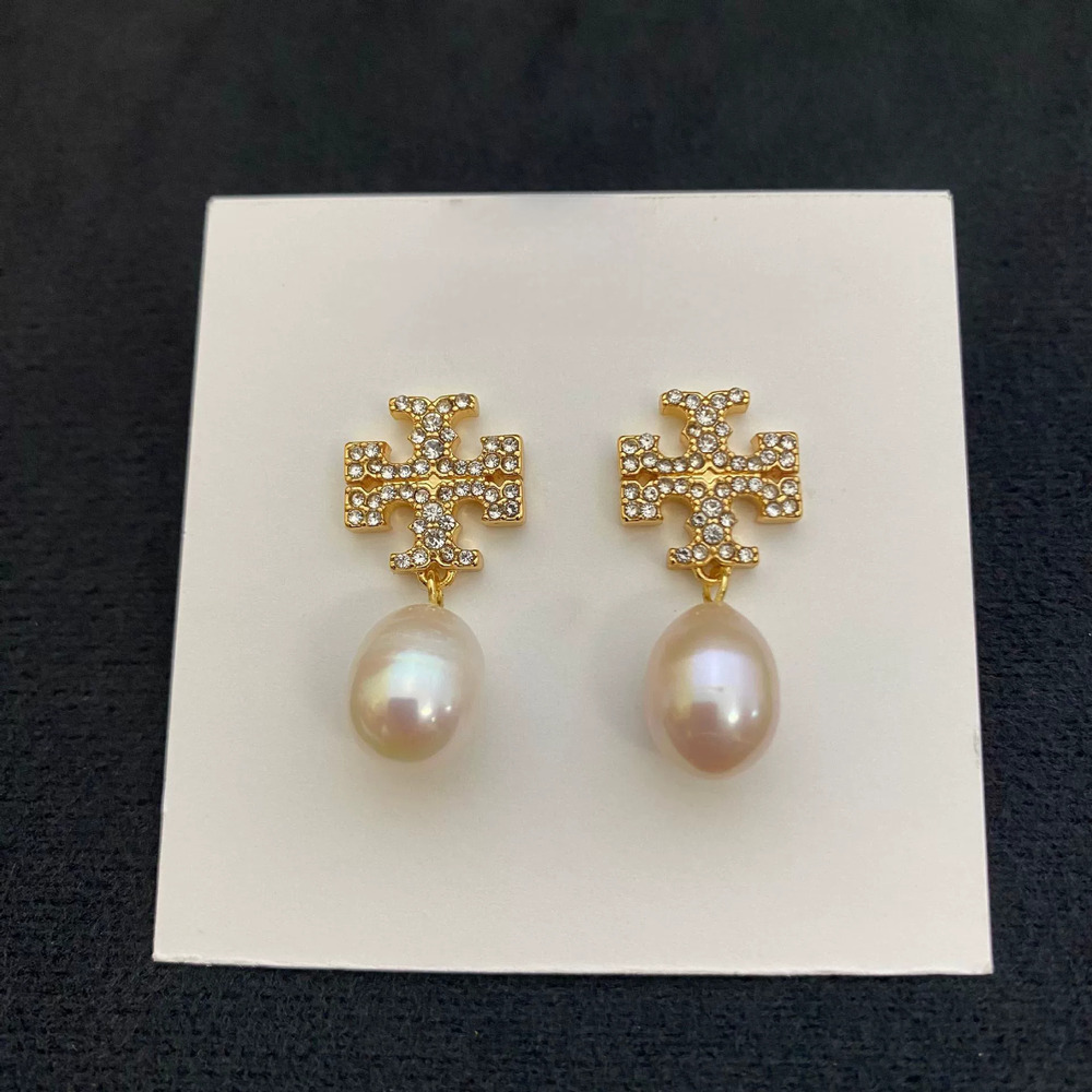 Tory Burch Rhinestone Pearl Letter Metal Dangle Earrings